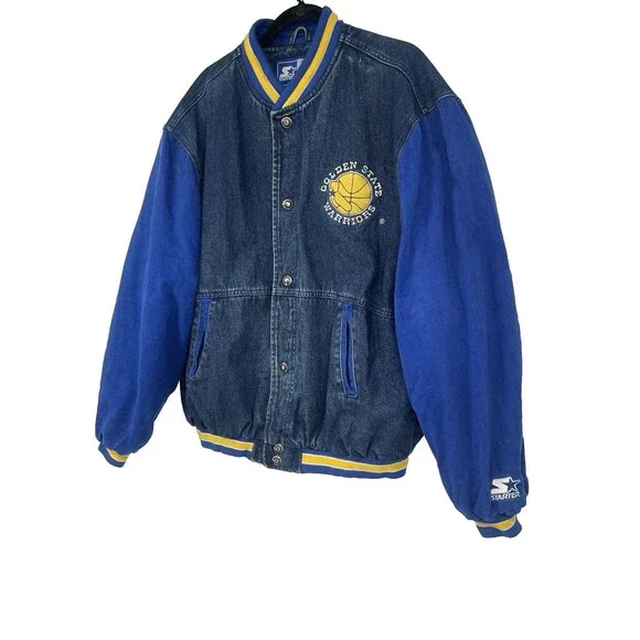 Rare VTG 90s Starter NBA Varsity Golden State Warriors Denim Jean Jacket Quilted - Picture 4 of 14